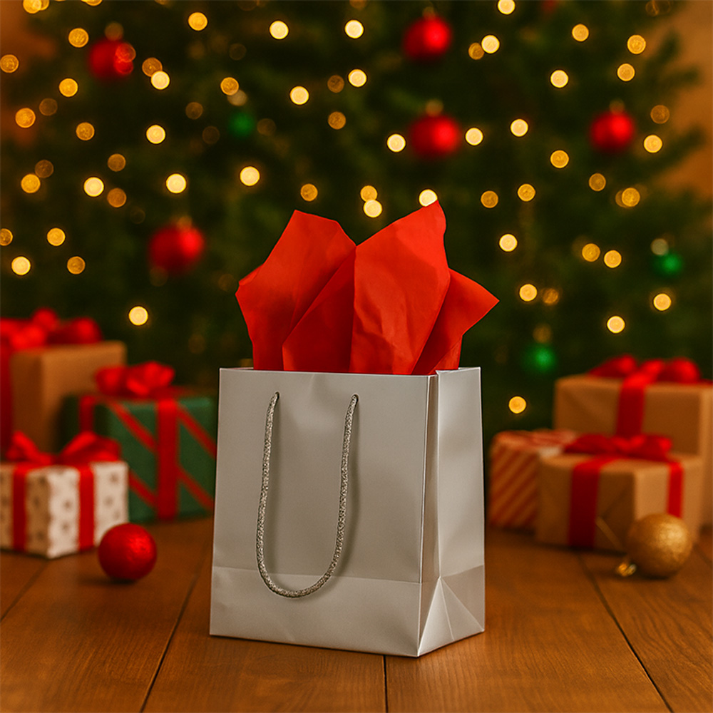 Silver/Red Small Glossy Gift Bags (6 1/2 x 6 1/2 x 3 1/2) (3 Pack) with Tissue Paper (10 Pack)