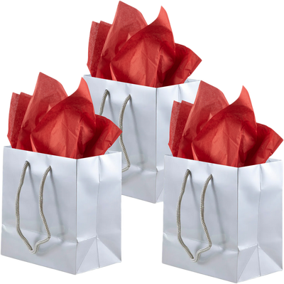 Silver/Red Small Glossy Gift Bags (6 1/2 x 6 1/2 x 3 1/2) (3 Pack) with Tissue Paper (10 Pack)