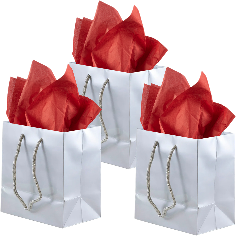 Silver/Red Small Glossy Gift Bags (6 1/2 x 6 1/2 x 3 1/2) (3 Pack) with Tissue Paper (10 Pack)