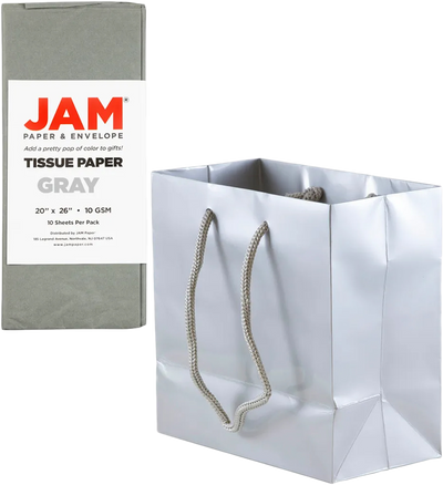 Silver/Gray Small Glossy Gift Bags (6 1/2 x 6 1/2 x 3 1/2) (3 Pack) with Tissue Paper (10 Pack)