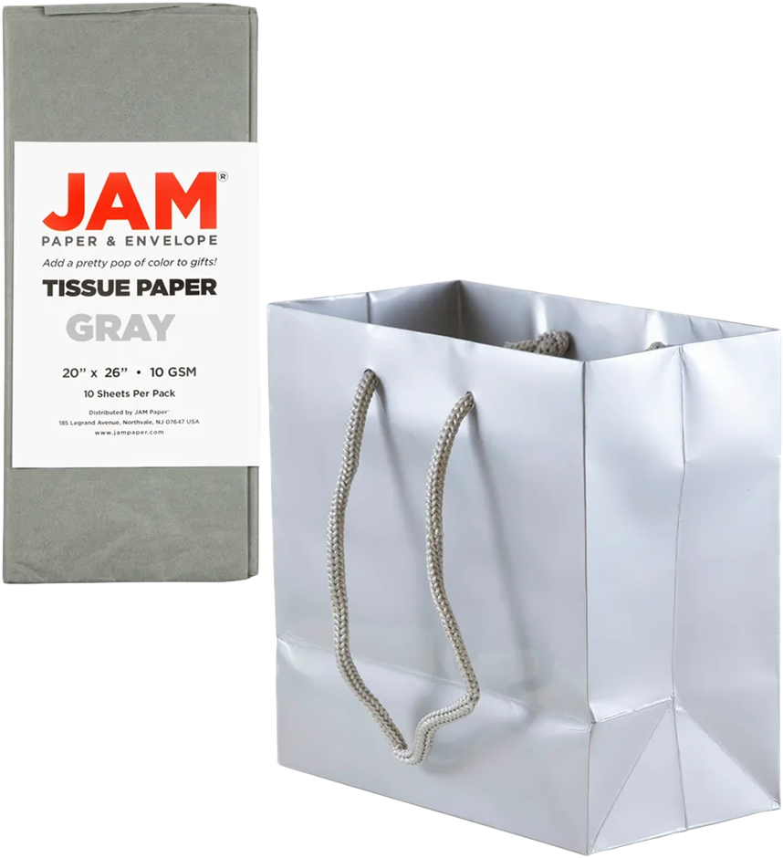 Silver/Gray Small Glossy Gift Bags (6 1/2 x 6 1/2 x 3 1/2) (3 Pack) with Tissue Paper (10 Pack)