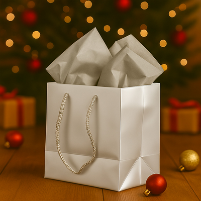Silver/Gray Small Glossy Gift Bags (6 1/2 x 6 1/2 x 3 1/2) (3 Pack) with Tissue Paper (10 Pack)