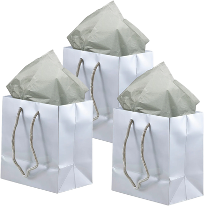Silver/Gray Small Glossy Gift Bags (6 1/2 x 6 1/2 x 3 1/2) (3 Pack) with Tissue Paper (10 Pack)
