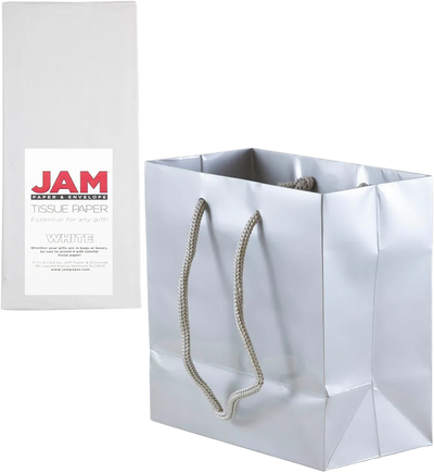 Silver/White Small Glossy Gift Bags (6 1/2 x 6 1/2 x 3 1/2) (3 Pack) with Tissue Paper (10 Pack)