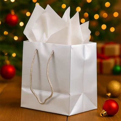 Silver/White Small Glossy Gift Bags (6 1/2 x 6 1/2 x 3 1/2) (3 Pack) with Tissue Paper (10 Pack)