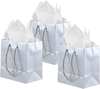 Silver/White Small Glossy Gift Bags (6 1/2 x 6 1/2 x 3 1/2) (3 Pack) with Tissue Paper (10 Pack)
