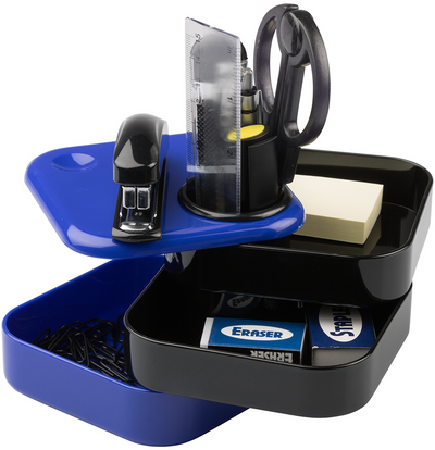 Blue Swivel Desk Organizer and Supplies Set (Organizer, Stapler, Staples, Paper Clips, Ruler, Scissor, Pens, Highlter, and Eraser)