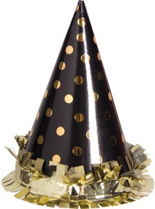 Black with Gold Polka Dots Mini Party Hats - 6 Pack