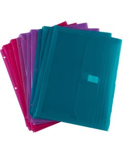 8 5/8 x 11 1/2 Plastic 3 Hole Punch Binder Envelopes with Hook & Loop - Letter Booklet - 1 Inch Expansion - (Pack of 6) - Fashion Colors