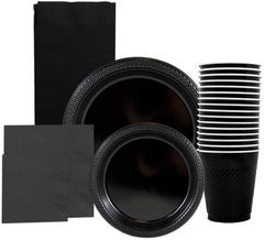 Black Party Tableware Kit (Small and Medium Plastic Plates, Lunch and Beverage Napkins, Plastic Cups, and Plastic Tablecover) - 160 Pack
