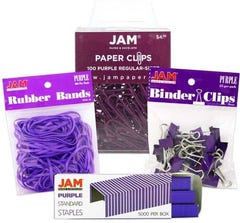 Purple Desk Supplies Set (Regular Paper Clips, Rubber Bands, Small Binder Clips, and Staples)