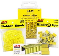 Yellow Desk Supplies Set (Regular Paper Clips, Rubber Bands, Small Binder Clips, and Staples)
