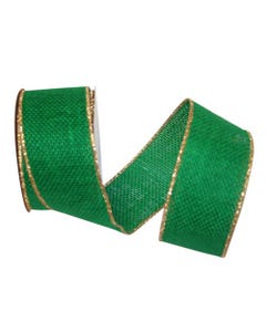 Emerald Green/Gold Wired 2 1/2 Inch x 10 Yards Burlap Ribbon