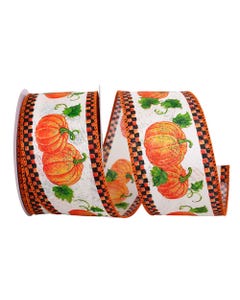 Orange Pumpkin Patch with Checkered Wired Edge 2 1/2 Inch x 10 Yards Ribbon