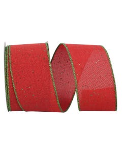 Red Linen with Green Glitter Edge 2 1/2 inch x 10 yards Ribbon
