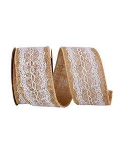 White Lace/Natural Wired 2 1/2 Inch x 5 Yards Burlap Ribbon