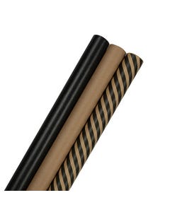 Wrapping Paper Set (3 Rolls) - (87.5 sq ft) - Black Kraft Stripes & Solids Combo