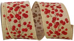 Natural/Red Glitter Berries 2 1/2 Inch x 10 Yards Ribbon