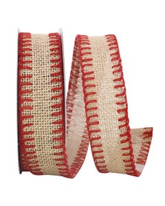 Natural/Red Wired 1 1/2 inch x 10 yards Burlap Ribbon