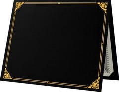 9 1/2 x 12 Certificate Holder - Black Linen with Gold Foil Floral Border
