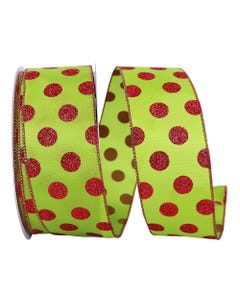 Lime Green with Red Glitter Dots 2 1/2 inch x 50 yards Ribbon