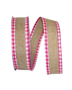 Natural Hot Pink Checkered Edge 1 1/2 inch x 20 yards Linen Ribbon