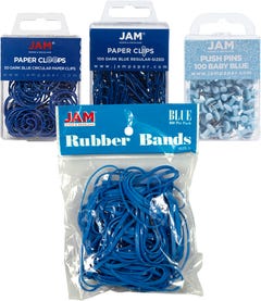 Blue Office Supplies Set (Regular Paper Clips, Paper Cloops, Push Pins, and Rubber Bands)