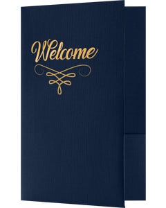 6 x 9 Welcome Folder - Dark Blue Linen - Gold Foil Flourish