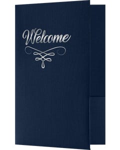 6 x 9 Welcome Folder - Dark Blue Linen - Silver Foil Flourish