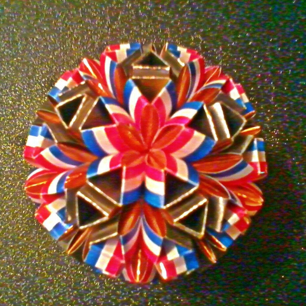 Compound Icosahedron Origami colorful red white and blue flower complex snapology origami