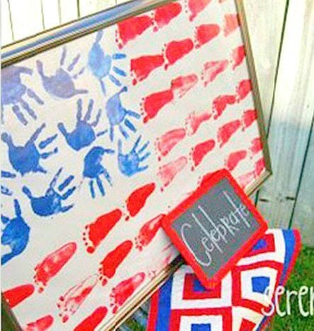 Red, white, and blue flag of hand prints and footprints