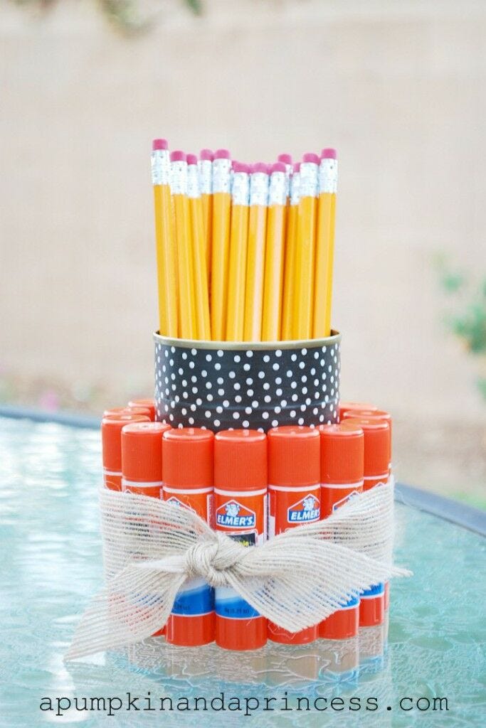 Can Pencil Holder Gift back to school arts and crafts, pencil holder, glue sticks, pencils, can, ribbon, desk
