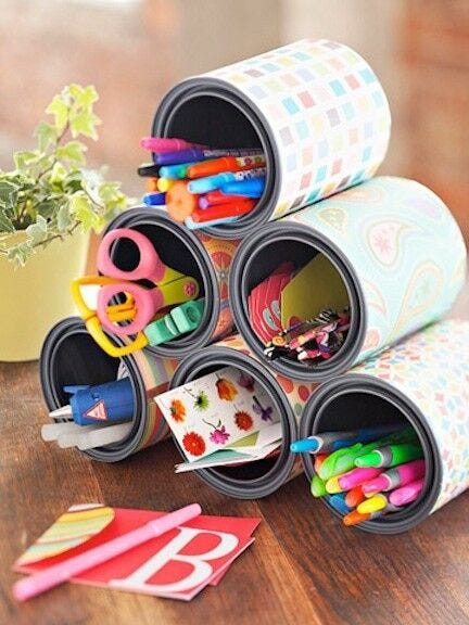 School supply cans back to school arts and crafts, cans, decoration, paper, school supplies, office supplies, pencils, pencil holder