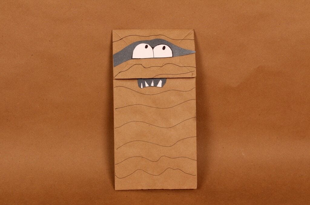 Halloween Paper Bag Puppets: brown mummy monster paper bag