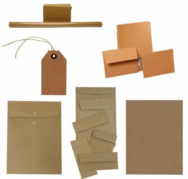 brown kraft gift tags, envelopes, paper, and gift wrap