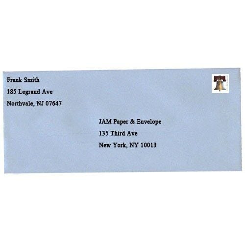 Horizontal Policy Envelope Address pale blue policy envelope held horizontally with stamp and black ink address