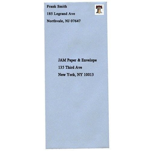 Vertical Policy Envelope Address pale blue policy envelope with stamp and black ink address