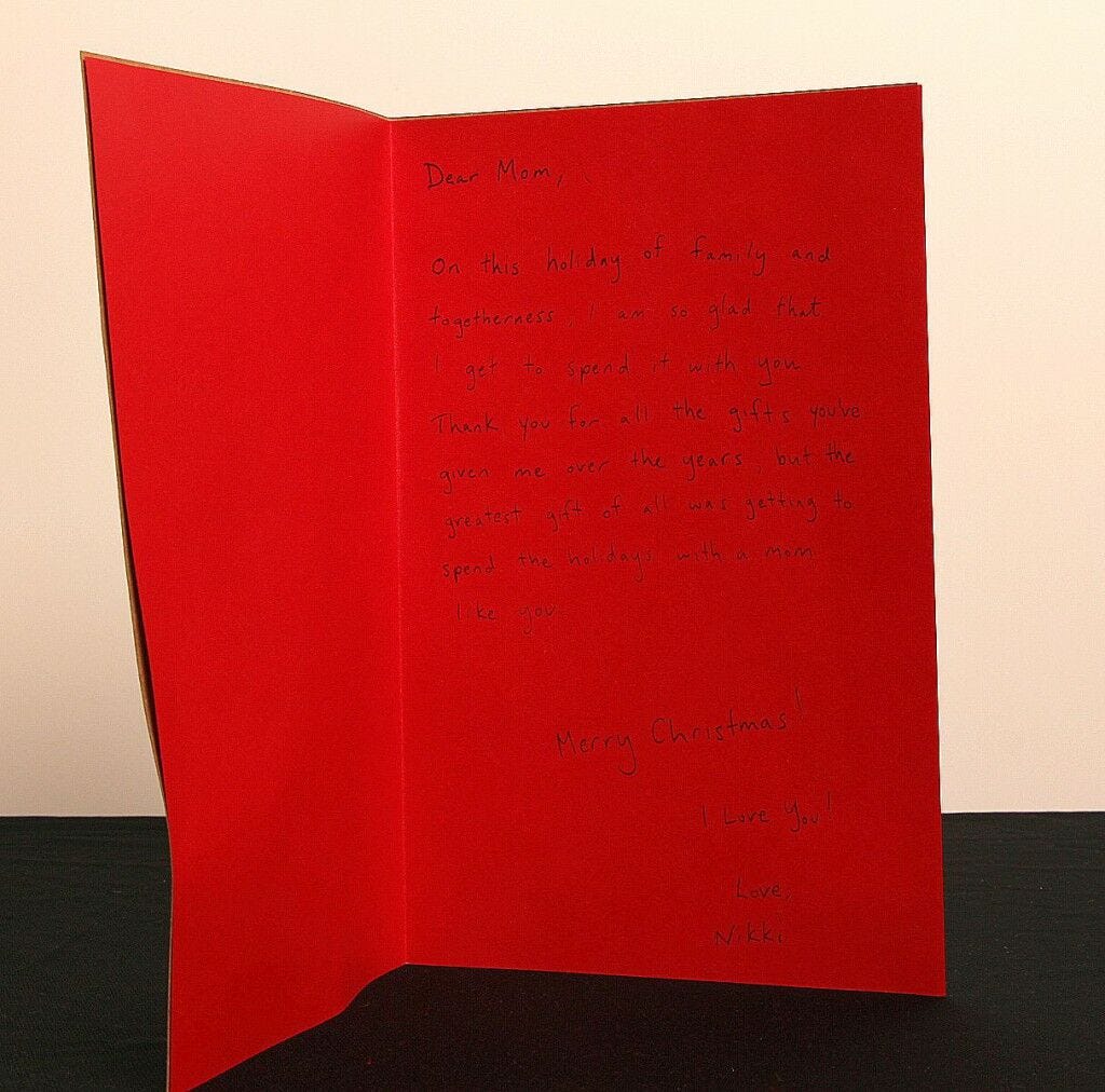 Handwritten Card Handwritten Christmas card on red card interior