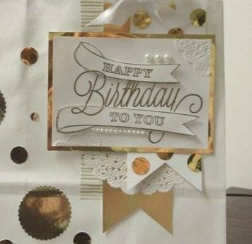 white and gold diy birthday card with lace and pearls