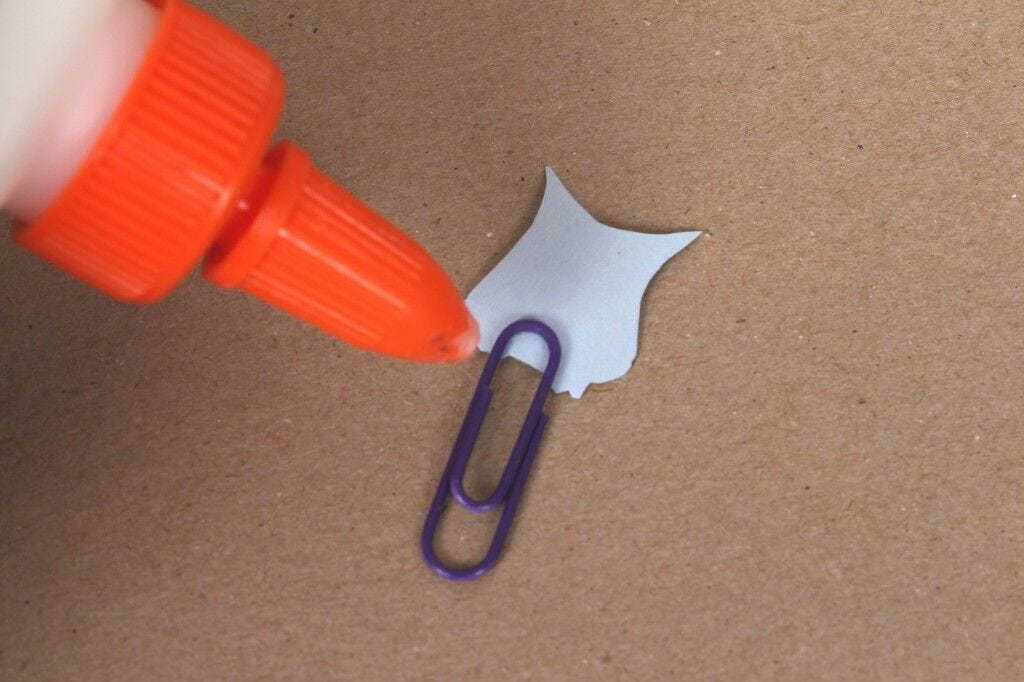 owl cutout, paperclip, glue glue, paperclip, cutout