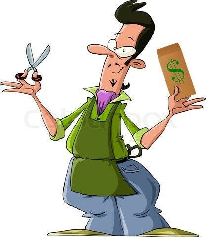 Cartoon barber holding scissors and a coin envelope