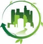 Green logo with buildings and leafy arrow in circle