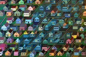 rows of tiny colorful houses and square yards with black streets