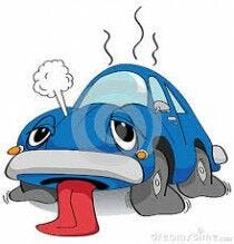 tired blue cartoon car with tongue hanging out and droopy tires