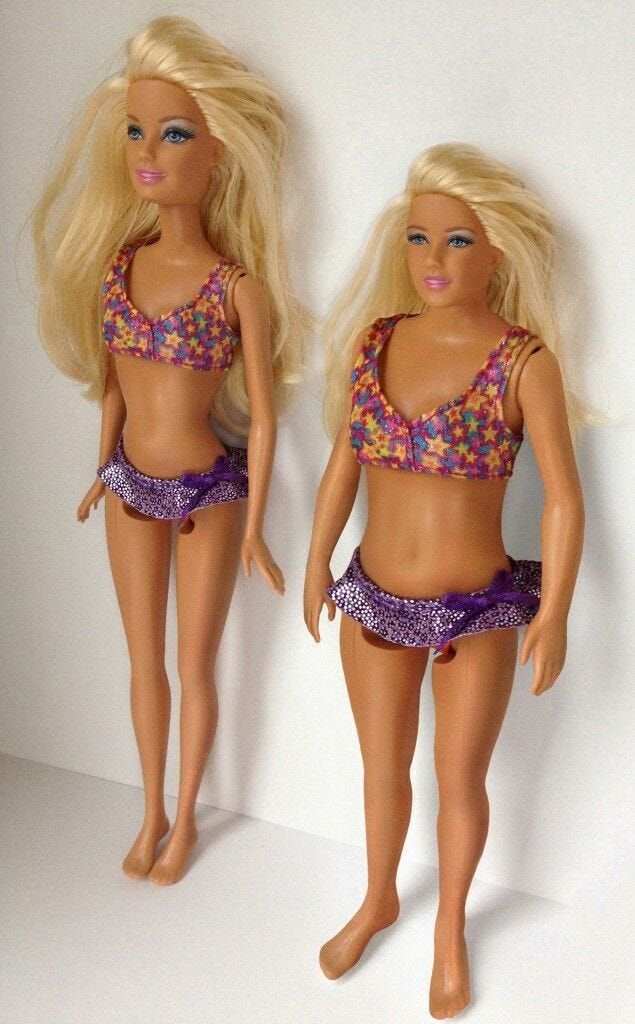 barbie toy proportion comparison to real woman doll