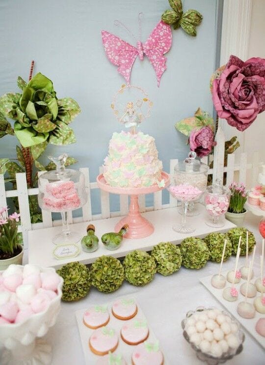 paper flower decor for pink and green spring themed party