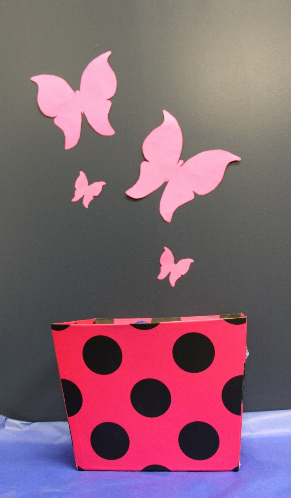 pink butterfly wall art with pink and black polka dot gift box