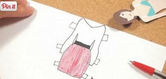 colored drawing of female outfit with paper doll tabs