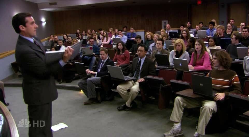 the office michael scott at business school lecturing in class of students