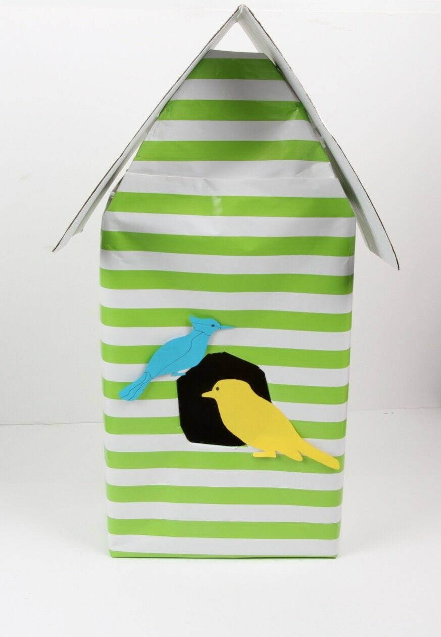 diy birdhouse wrapped shoe box with paper birds 